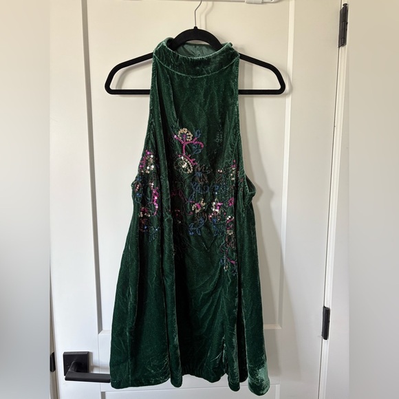 Free People Green Velvet Mini Dress with Embroidery - Picture 1 of 4